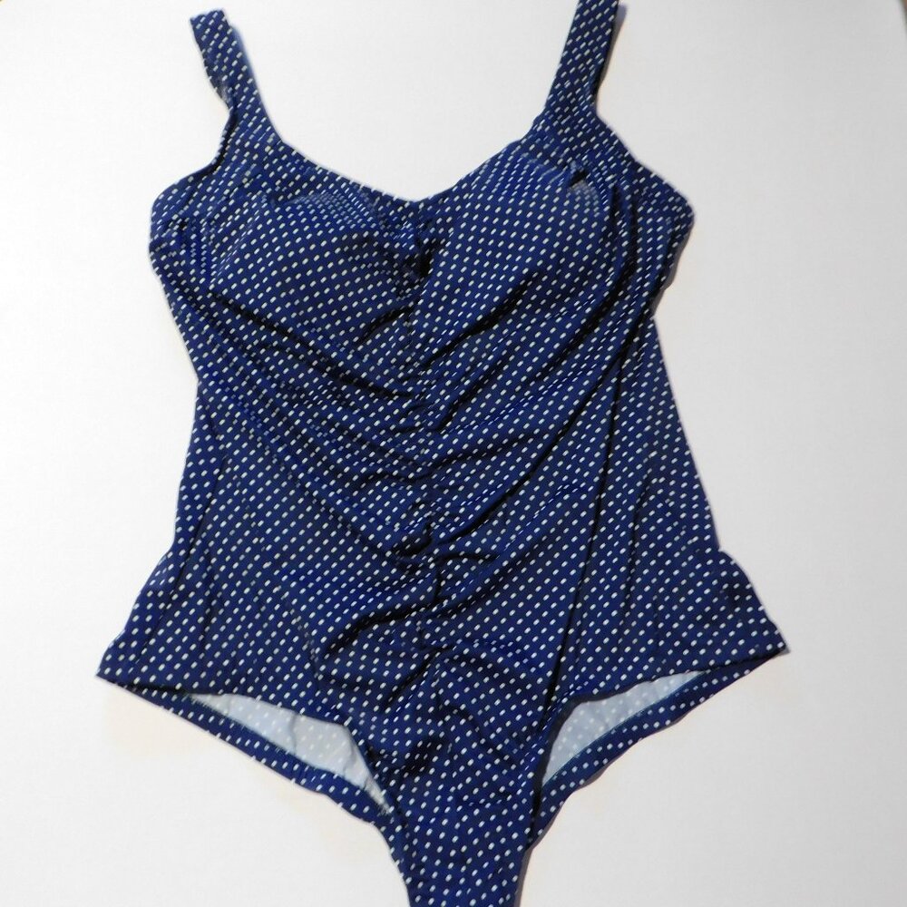 Tropical Escape 24W Navy Blue White Polka Dot Slimming Ruched One Piece Swimsuit